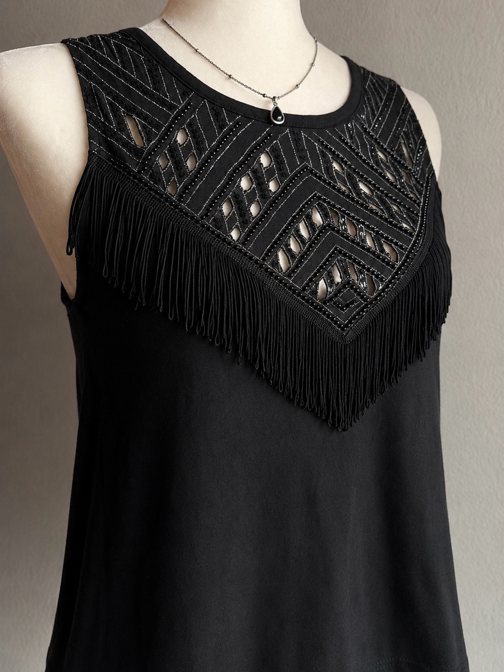 Express Black Fringe Cutout Boho Tank Top | Embellished Sleeveless Festival Top